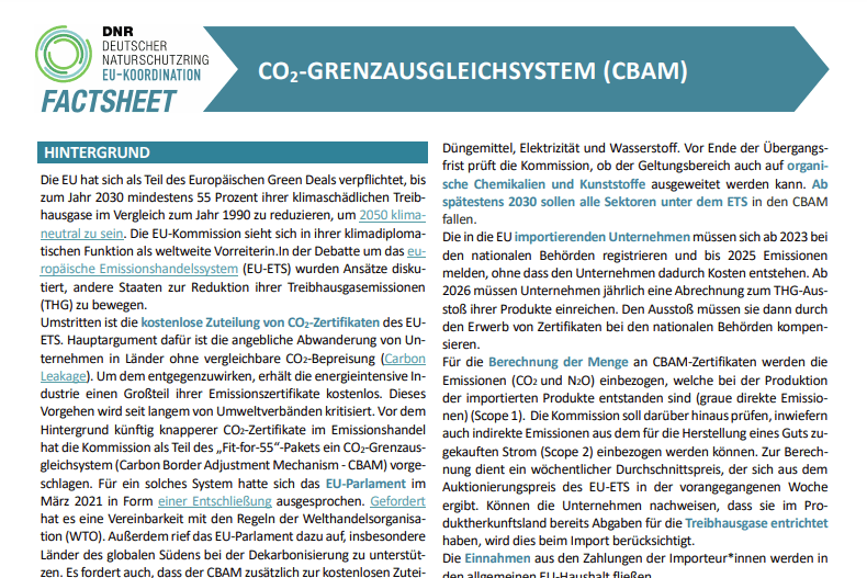 Aktualisiertes Factsheet: CO₂-Grenzausgleichsystem (CBAM)