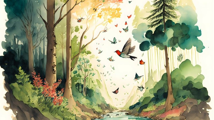 Illustration artenreiche Waldlandschaft