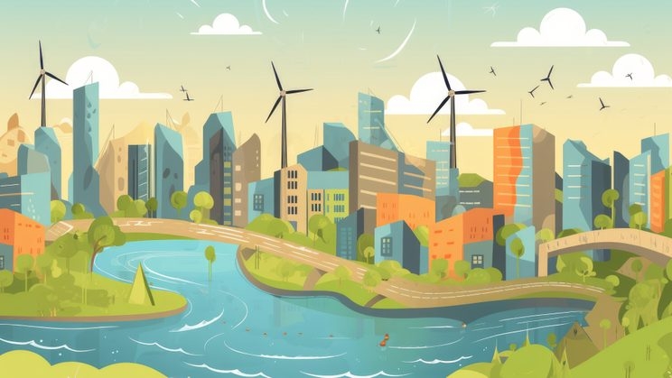 Illustration einer Großstadt mit erneueraren Energien